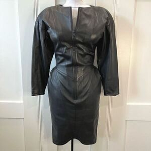 Vintage Lambskin XS Linda Dresner Dress Women Black Leather Bodycon Midi